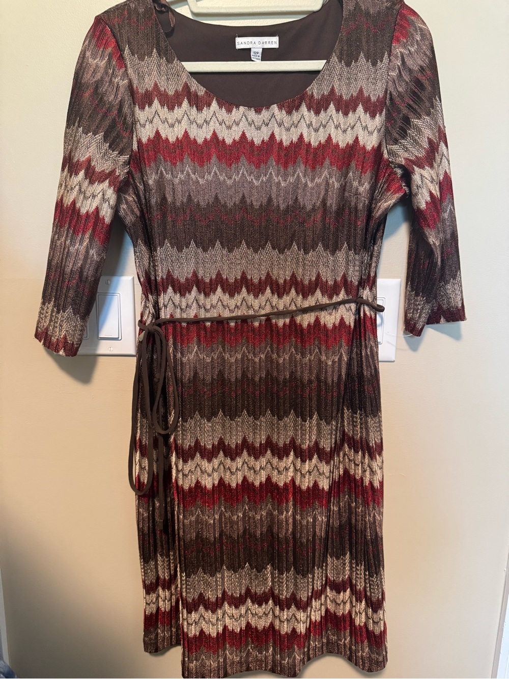 Sandra Darren Zigzag Knit Midi Dress in Red, Brown & Cream